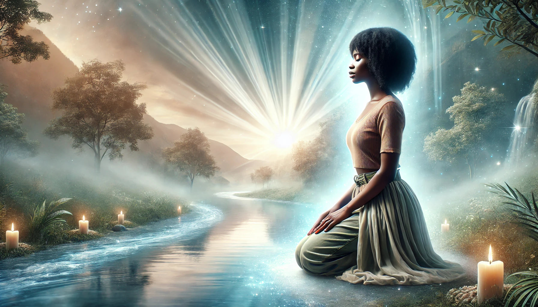 A serene and uplifting scene featuring a Black woman kneeling in prayer by a river at sunrise, surrounded by trees and lit candles, with a peaceful and radiant background.